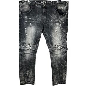 Kilogram Mens Black Acid Wash Moto Jeans Distressed Ripped Size 42